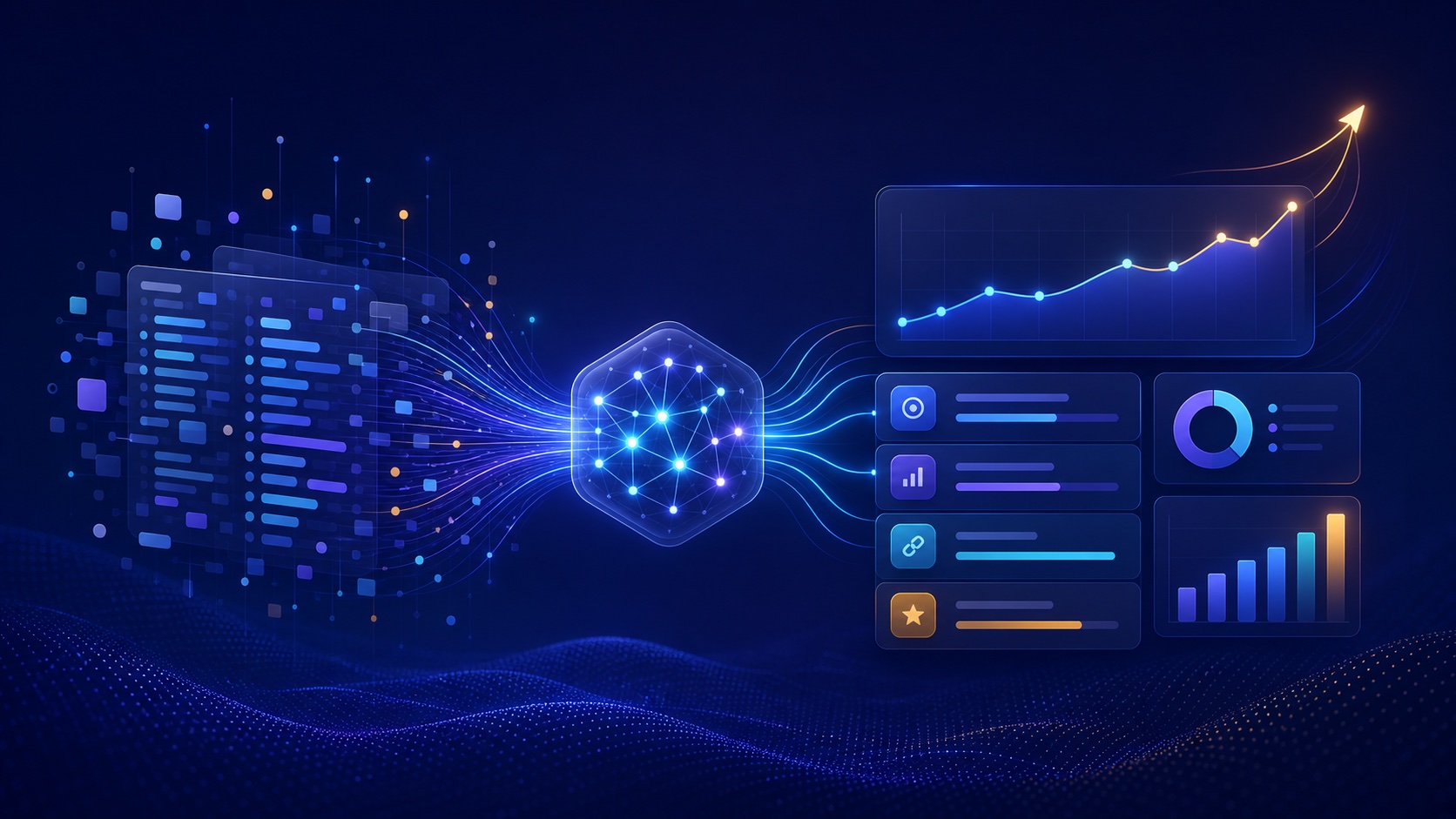 Google Search Console data flowing through AI into prioritized SEO actions and a rising performance chart