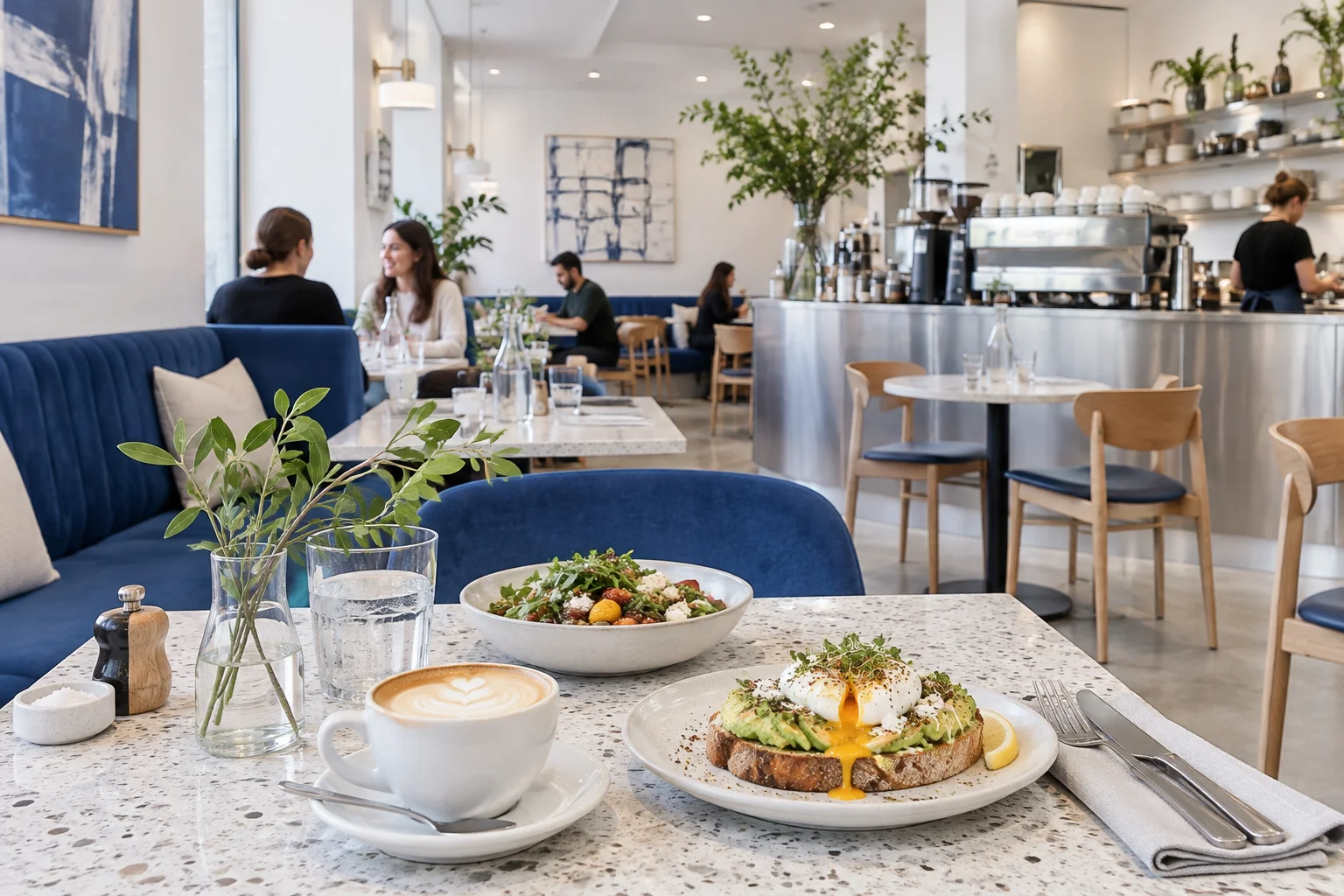 A bright contemporary café with blue seating, a steel coffee counter and brunch dishes