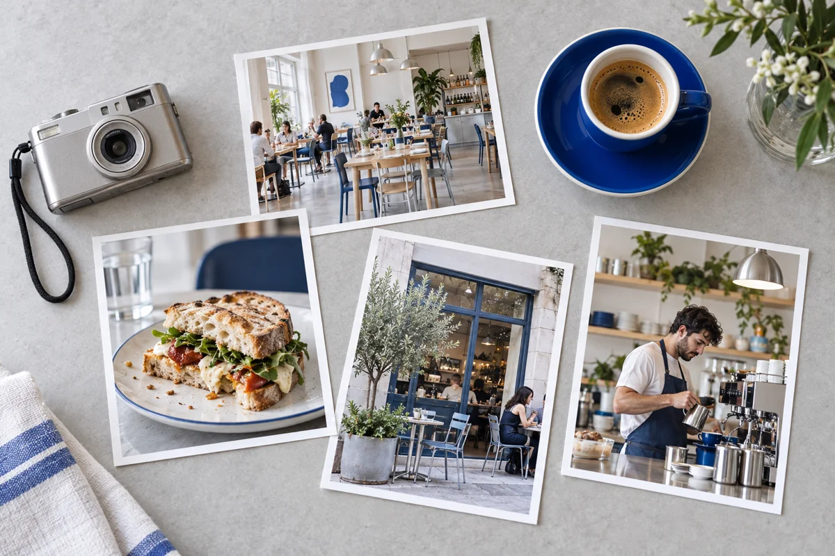 A camera and photographic prints of a café, food and a barista arranged on a light table