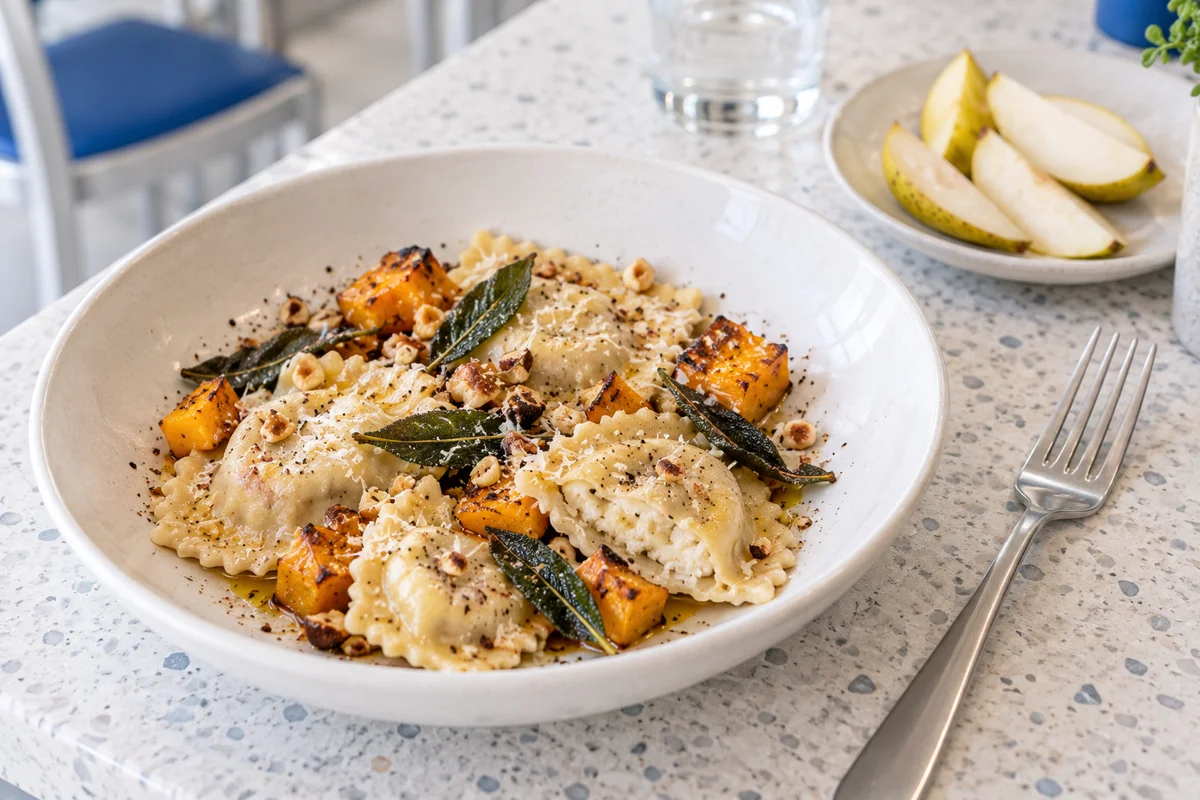 Ricotta ravioli with roasted squash and sage served on a pale café table