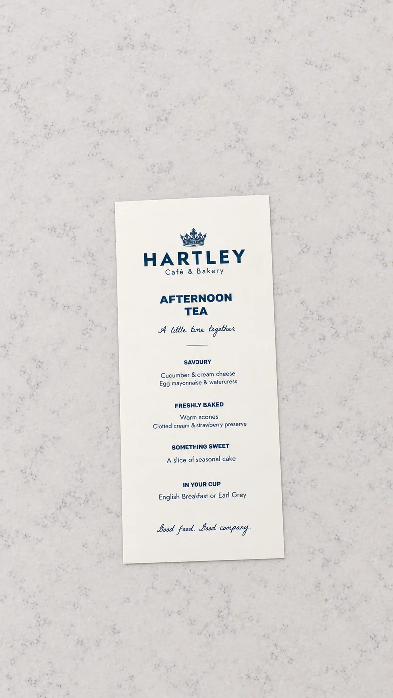 Hartley: afternoon tea menu design