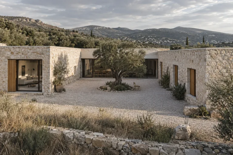 An olive tree at the centre of the open courtyard