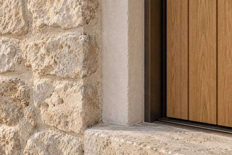 Close-up of limestone, plaster and oak meeting at a window reveal
