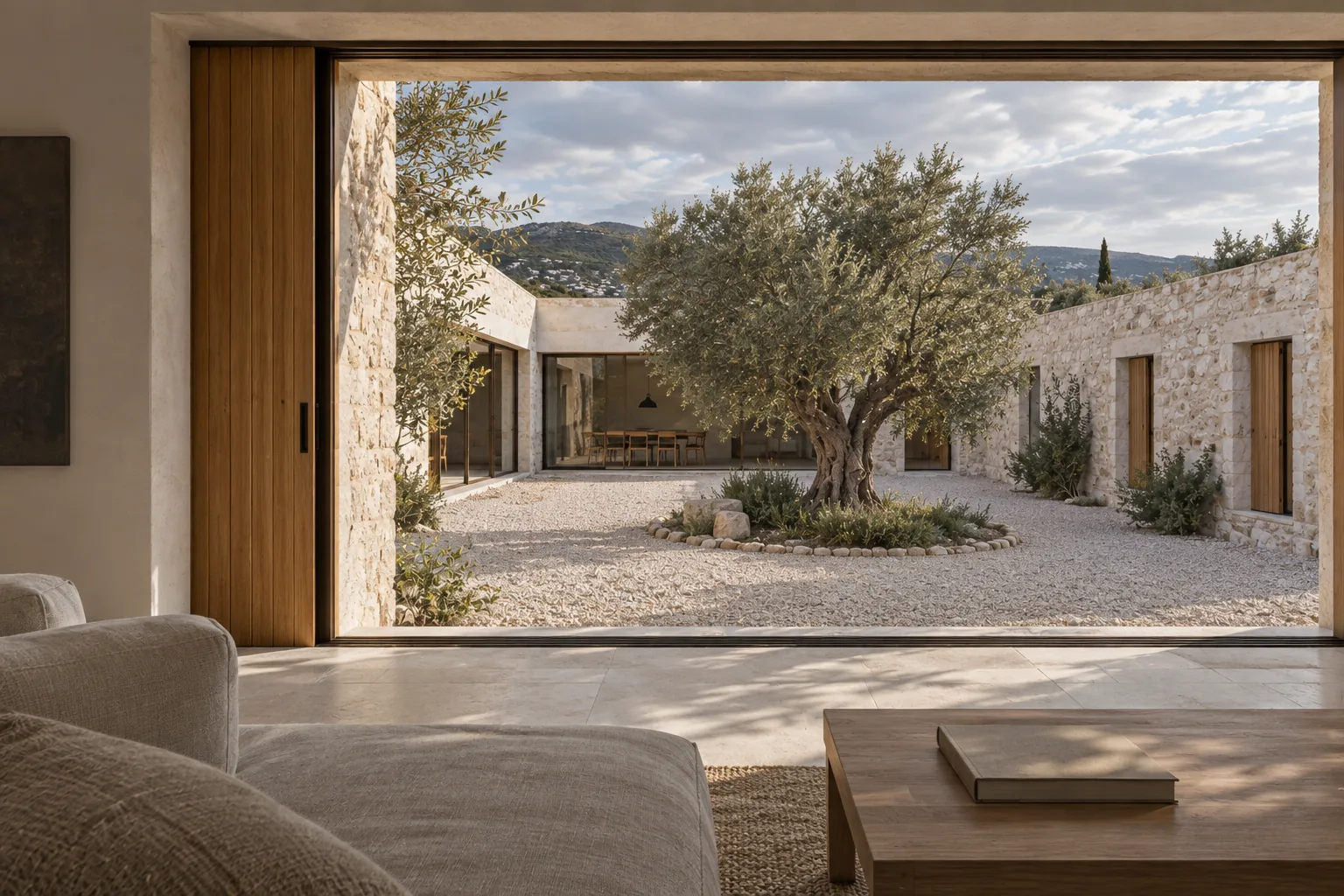 View from a limewashed living space toward the olive-tree courtyard
