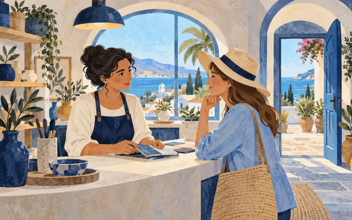 A small business owner listens attentively to a customer in a welcoming, sunlit studio.