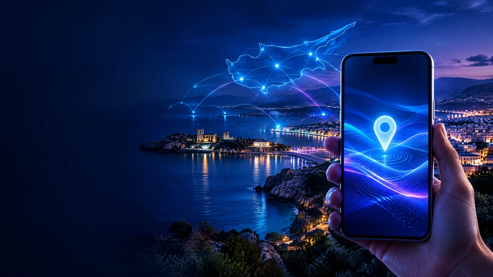 Smartphone with an abstract AI local-discovery signal over a stylised Cyprus coastline