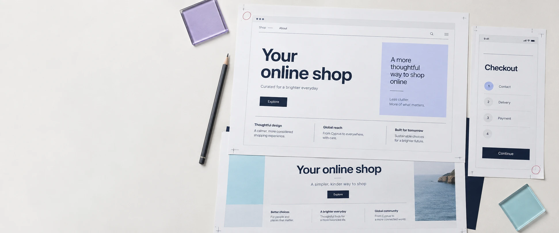 Mockup of an online shop homepage next to a mobile checkout flow, showing what a finished eshop looks like on desktop and phone