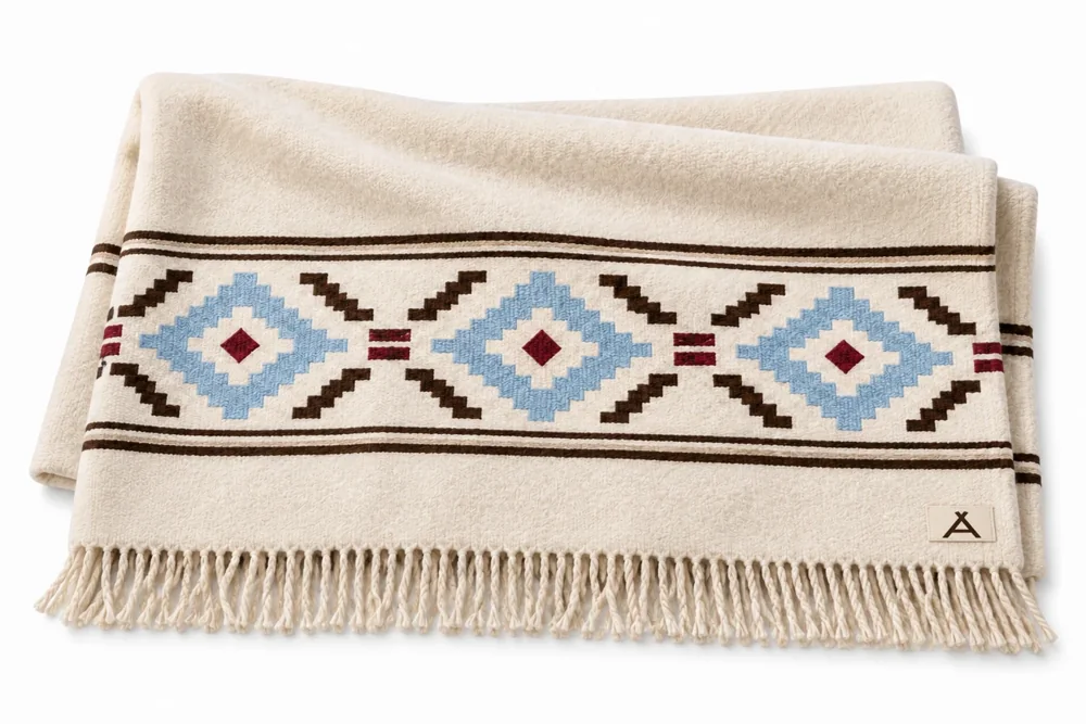 AWAY's woven blanket with its wine and pale-blue motif