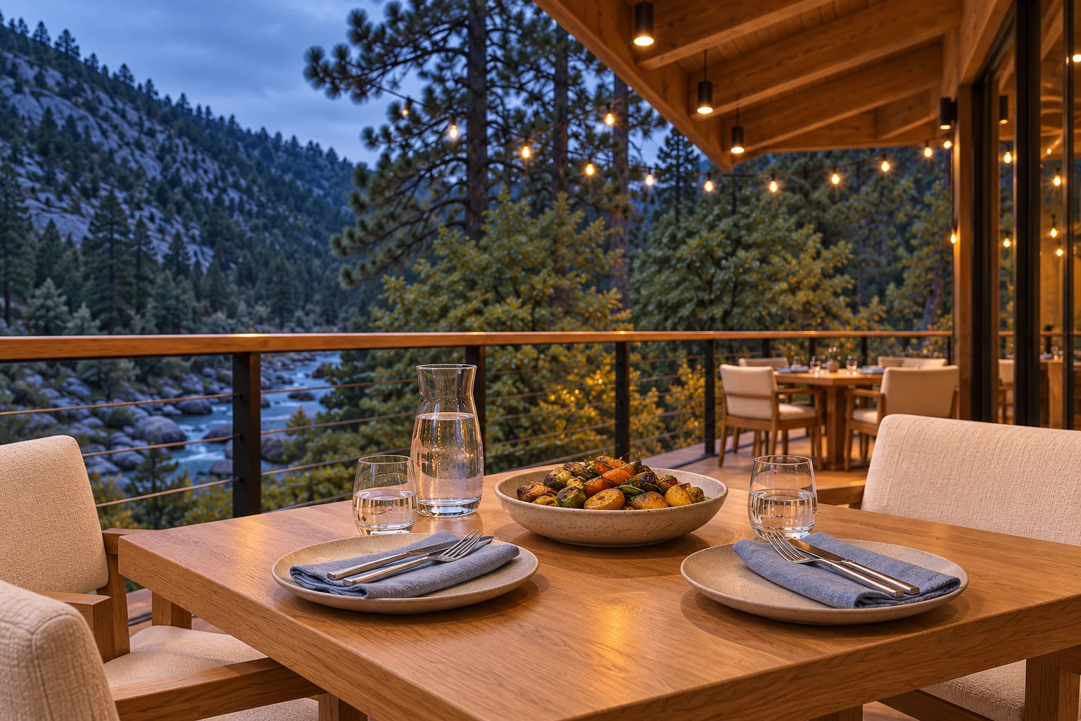 An outdoor dinner table under warm lights at dusk