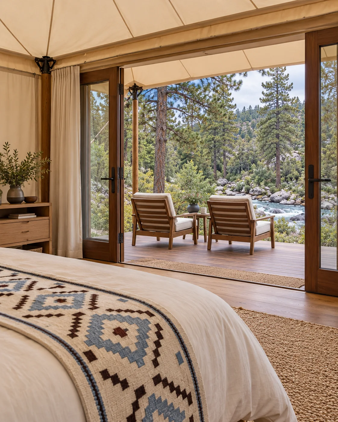 Looking out from a soft bed toward a wooded deck