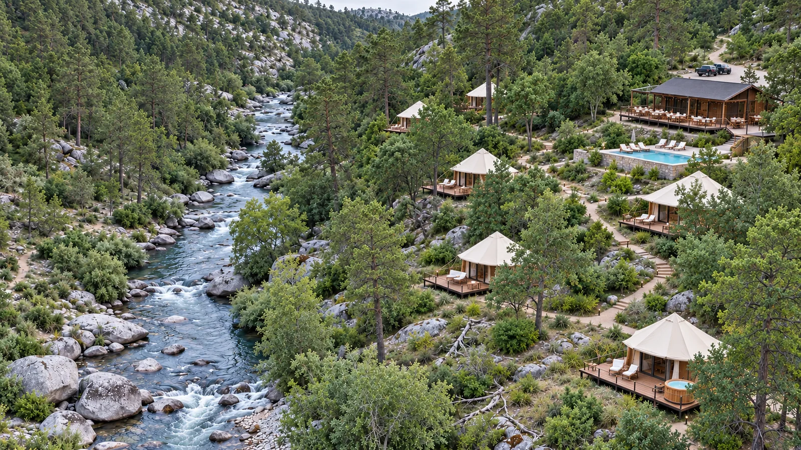 Aerial view of the riverside AWAY retreat