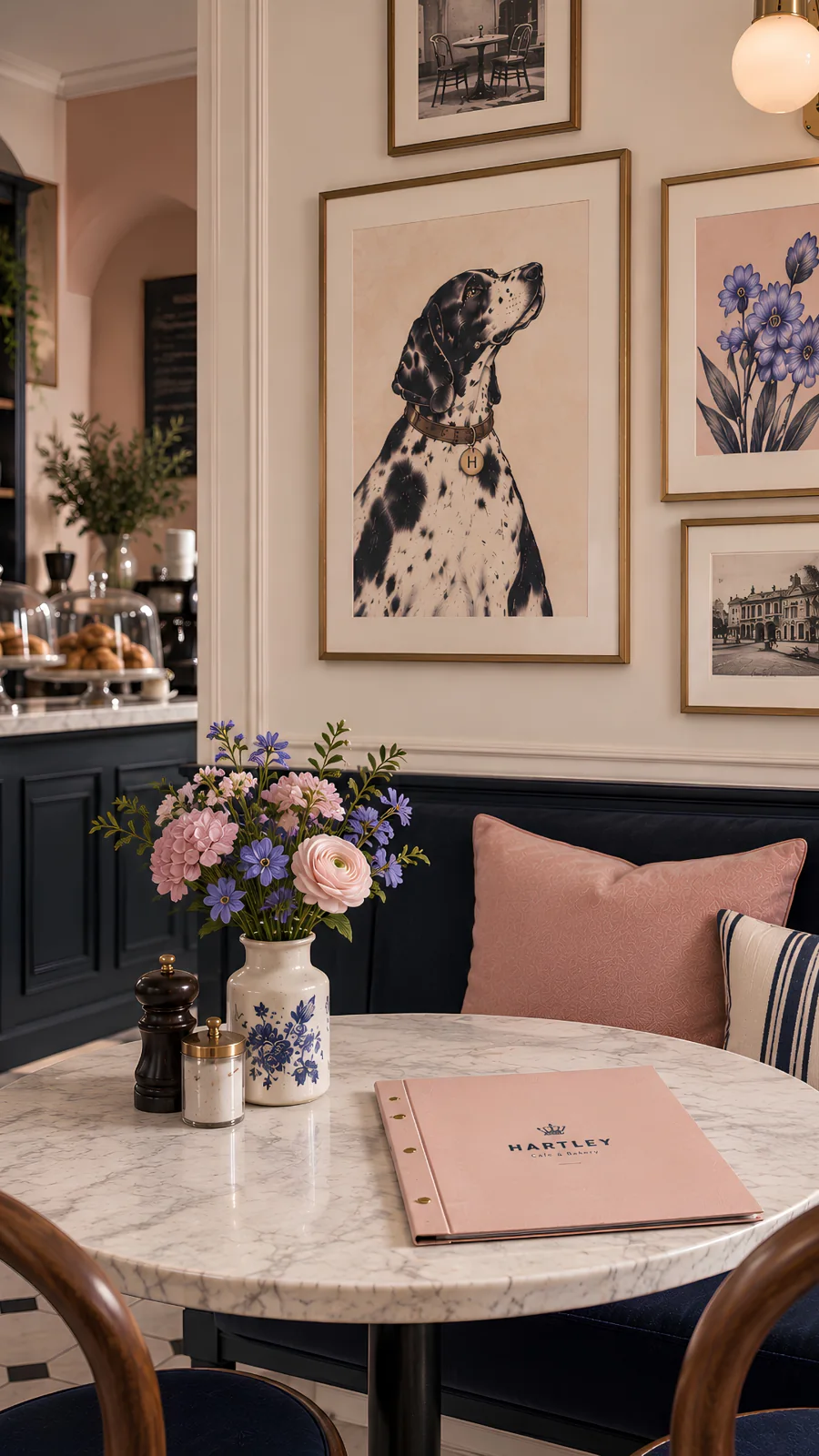 Hartley's café counter and pink and navy seating