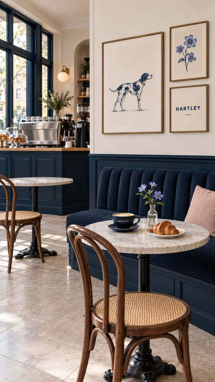 A café table with pastry and a navy banquette