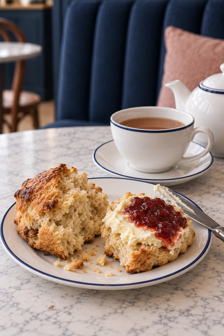 English Breakfast tea with a warm scone, clotted cream and strawberry jam