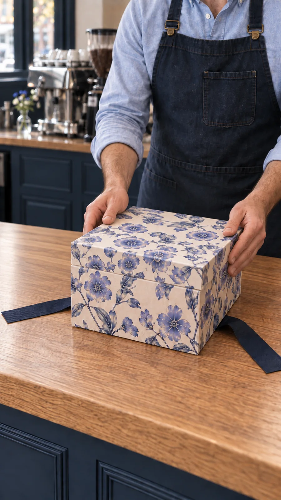 A finished cake box in Hartley's periwinkle wrapping
