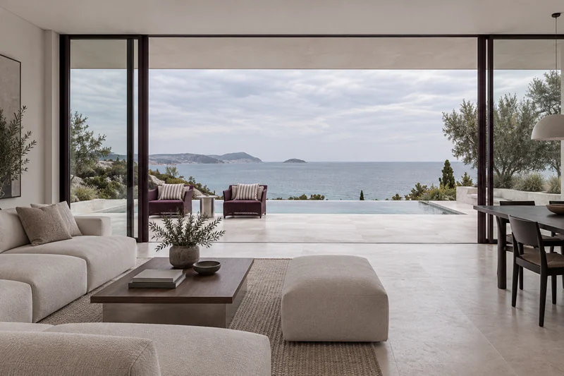 The coastal living room looking towards the sea