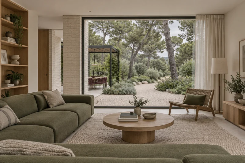 The green living room overlooking a pine garden