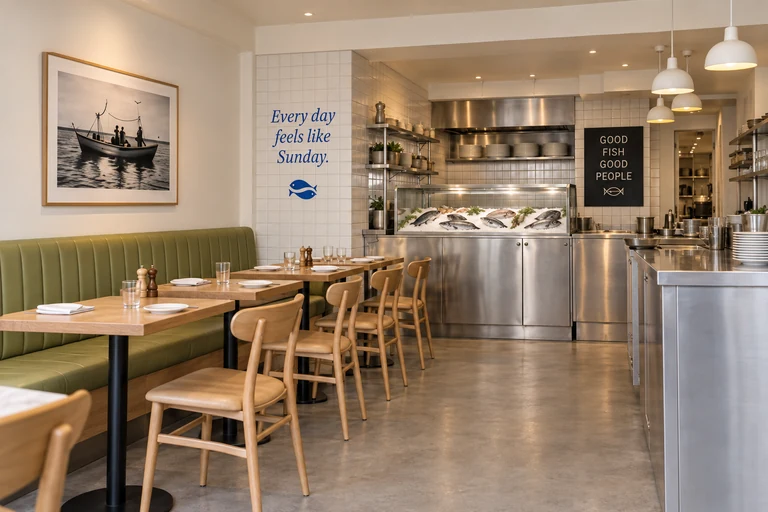 Sunday Boat dining room with pistachio seating and a seafood counter