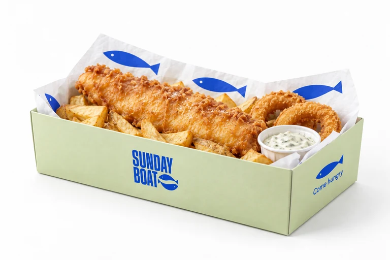 An open Sunday Boat box of crispy squid